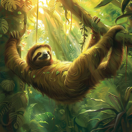 Sloth lounging in vibrant rainforest bathed in sunlight
