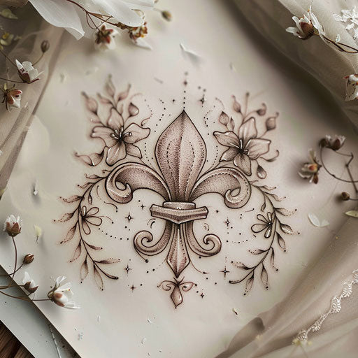 Artistic tattoo sketch of a fleur de lis surrounded by small delicate flowers in pastel shades