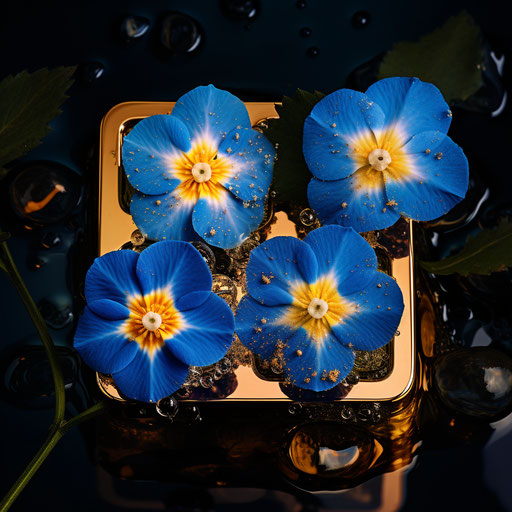 Three blue flowers in a square icon, in the style of Angenieux 45-90mm f/2.8, blue and amber
