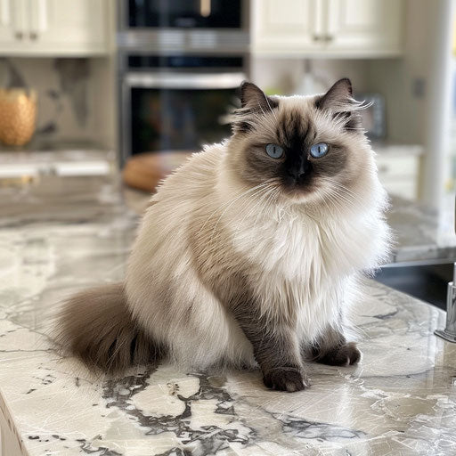 Himalayan cat sitting elegantly on a marble countertop