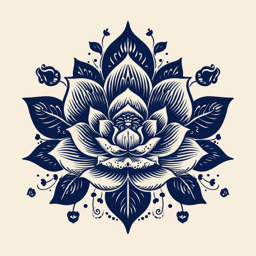 Lotus flower drawing in black on white and navy, minimalistic