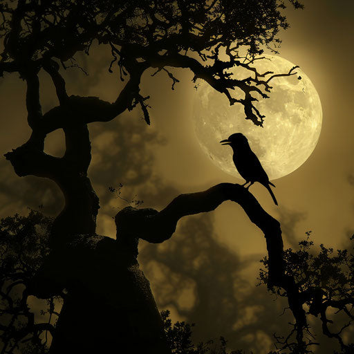 Wall creeper bird silhouette against full moon on ancient tree in mystical forest