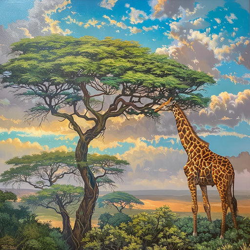 A giraffe reaching for the highest leaves on an acacia tree