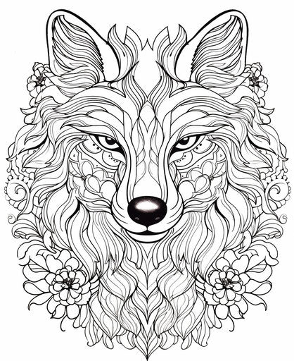Black and white wolf head, ornate complexity, flower and nature motifs