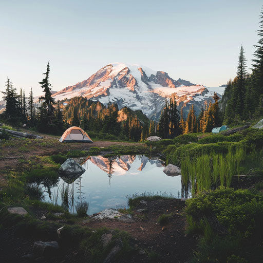Mt Rainier landscape with small alpine lake and camping tent