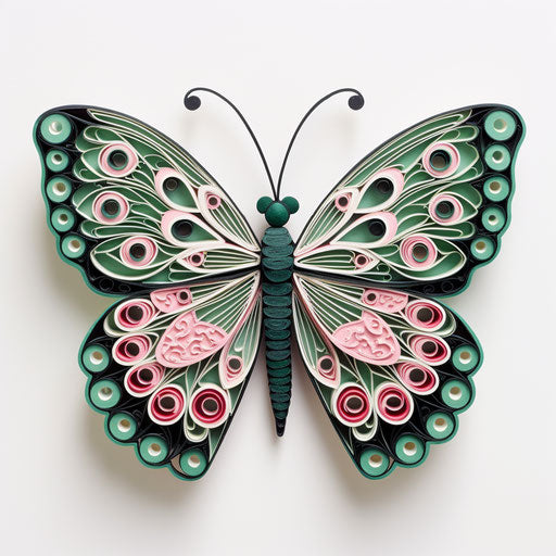 Elaborate kimono and butterfly brooch, pink and emerald tones, rubber