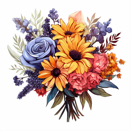 Flower bouquet clipart in the style of Chiaroscuro Art, on a white background
