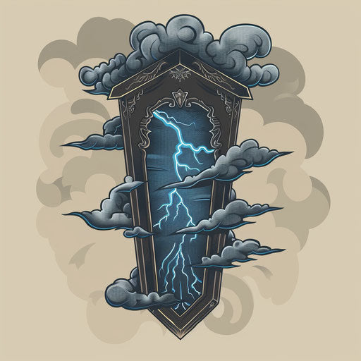 Dramatic flat tattoo sketch of a coffin with dark clouds and lightning in deep blues and grays