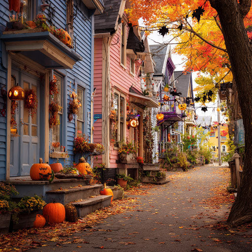 A Charming Street Decorated Vibrantly for Halloween