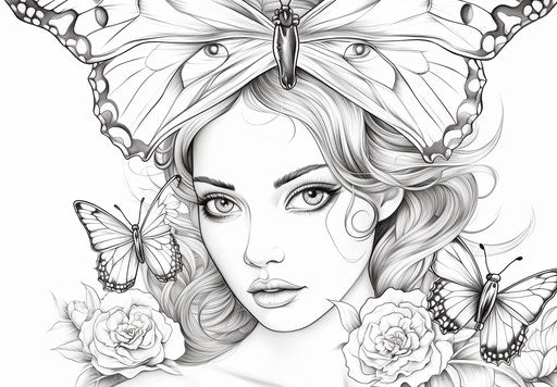 Butterfly coloring pages to print, ivory style, childlike illustrations, Zeiss Batis 18mm f/2.8, shiny eyes, chalk, strong facial expression, joyful celebration of nature 33:23