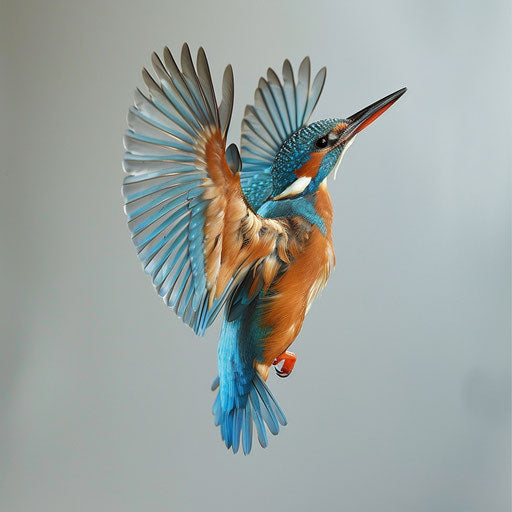 Kingfisher bird captured in mid-flight with wings spread