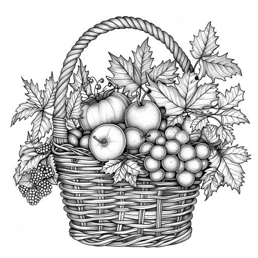 Whimsical fruit basket with detailed leaves in the style of a Teagan White coloring book page