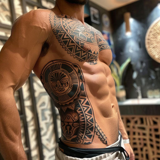 Rib tattoos men tribal elements, Ami James style