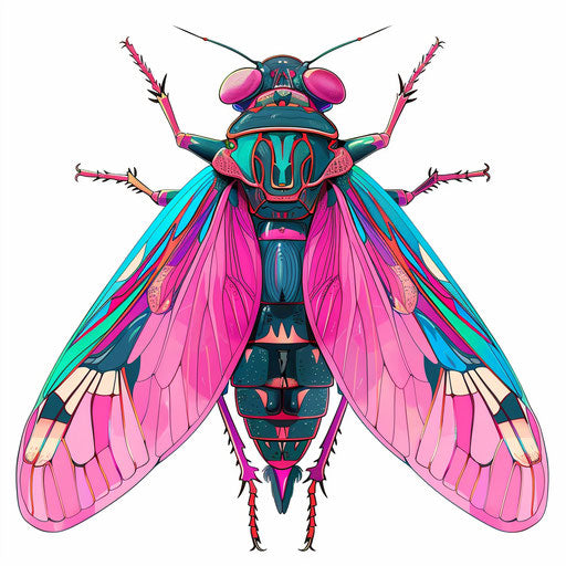Electric tattoo sketch of a cicada with shocking pinks and electric blues