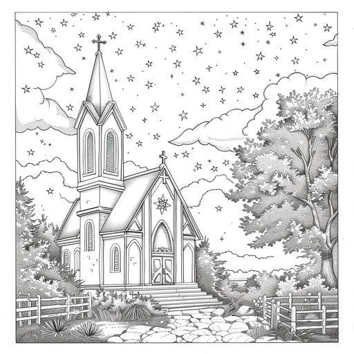 Church under a starry night sky. Coloring book page