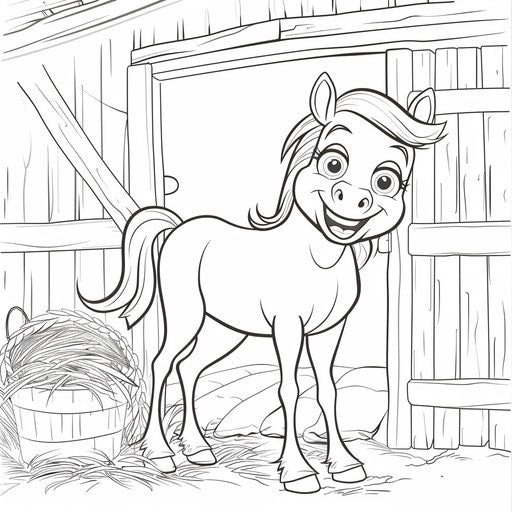 Smiling horse in stable, coloring book page