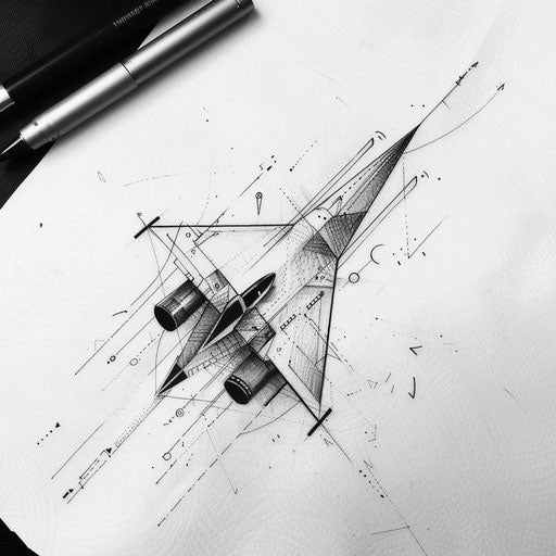 Minimalist black and white tattoo sketch of a paper airplane with geometric patterns