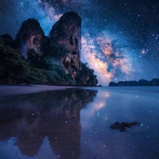 Nighttime at Railay Beach with stars reflecting on water