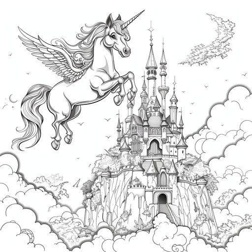 Cute unicorn flying over a fantasy castle
