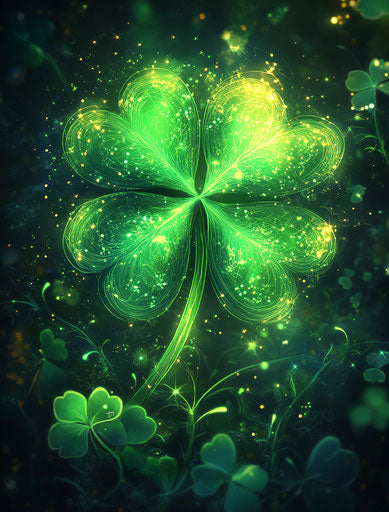 Glowing green clover on dark background, symbol of magic and hope