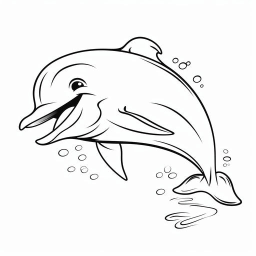 Smiling dolphin in simplified line work style, black and white child's drawing