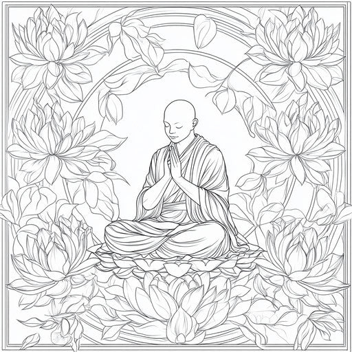 Monk in meditation surrounded by lotus flowers, in the style of Jen Bartel, coloring book page