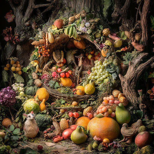 Whimsical cornucopia overflowing with giant fruits and forest creatures, in a fairy-tale setting
