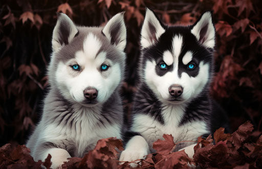 Siberian husky dogs, two puppies sitting side by side