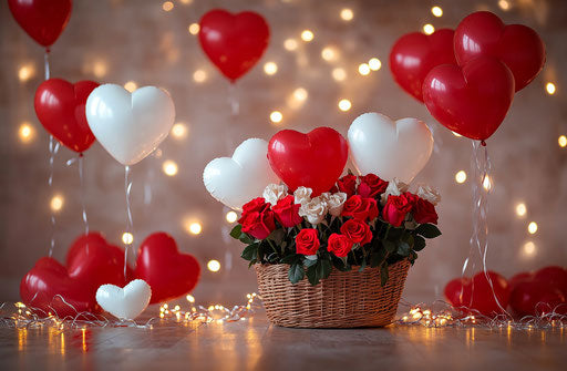 Heart-shaped balloon bouquet with roses in a basket, digital backdrop