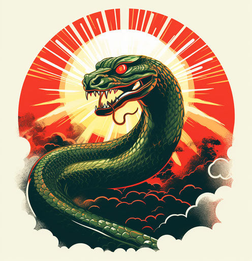 Cobra in red and green with sun rays in the background