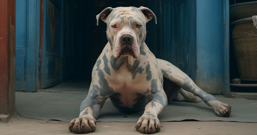 White and grey pit bull in front of house in dark blue and light beige