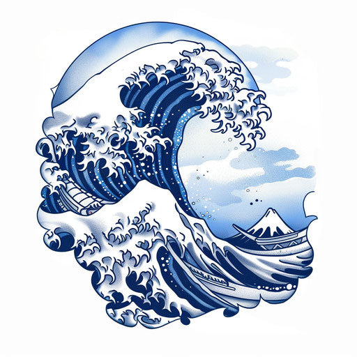 Japanese wave tattoo sketch in blue and white