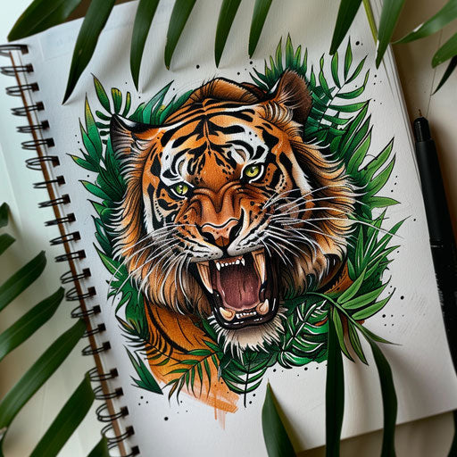 Fierce roaring tiger tattoo in bold colors on white sketch pad amidst jungle foliage