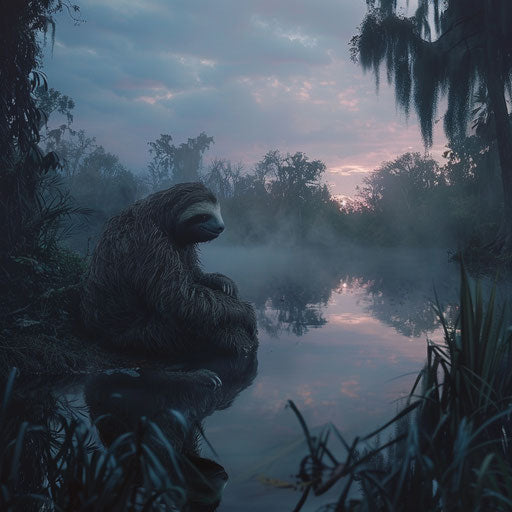 Giant sloth by reflective water body at dawn