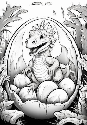 Dinosaur in egg coloring page with eggshells, animated gif style