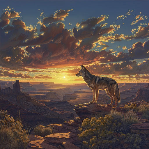 Solitary coyote on rocky outcrop, golden valley at sunset