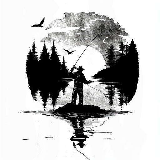 Fly fishing scene captured as a silhouette design