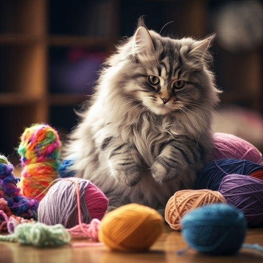 A Siberian cat playing with yarn
