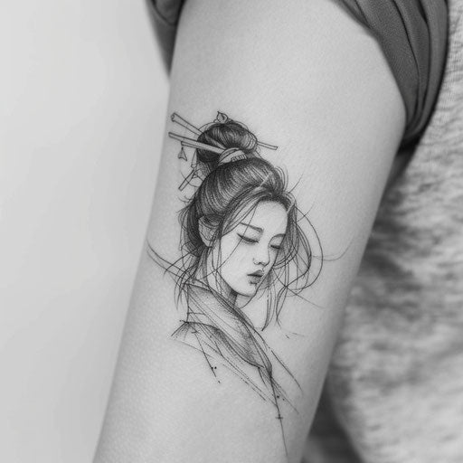 Sketch-style geisha tattoo with detailed line work