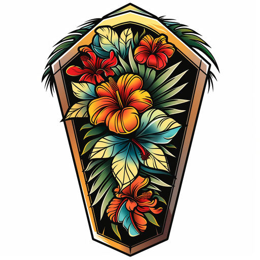Exotic coffin tattoo sketch with tropical floral patterns