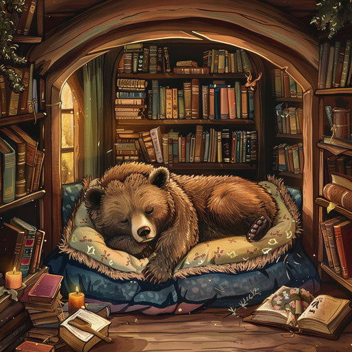 Bear in den with books
