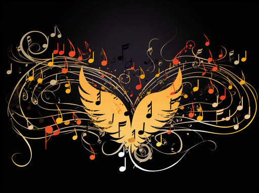 Music notes with wings, humor meets heart style, hand-drawn elements