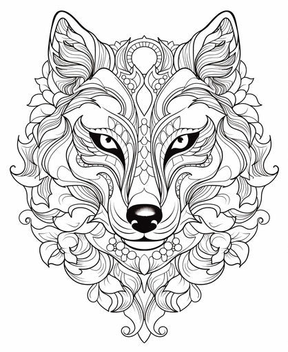 Black and white wolf head, ornate complex style