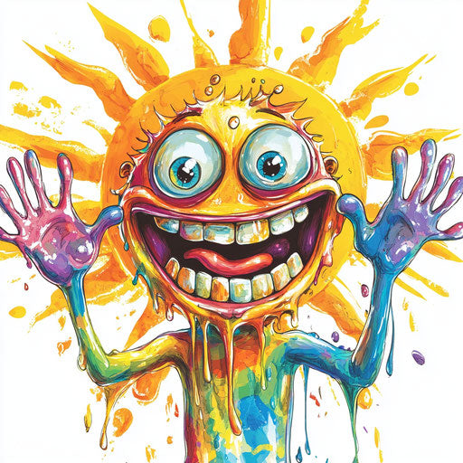 Humorous caricature of a washing hands clipart with human characteristics, exaggerated full lips, thin arms, next to a smiling sun, vibrant colors, cartoon style, waving, high-resolution, no background, isolated