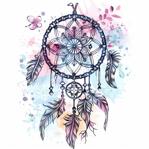 Flat tattoo sketch of an intricate dreamcatcher with feathers in soft pastel tones