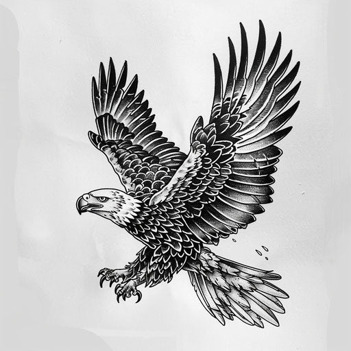 Classic line art eagle in flight tattoo sketch, black and grey