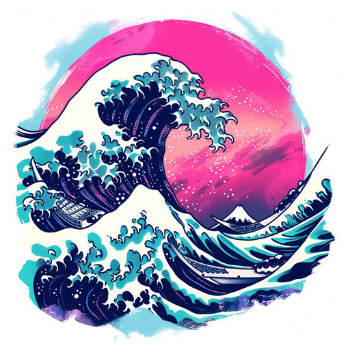 Clipart style tattoo sketch of a Japanese wave with a retro 80s color theme