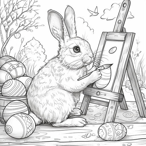 A whimsical scene of a bunny painting Easter eggs