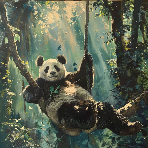 Giant panda playfully swinging from branch in sunny forest