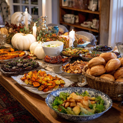 A lavish autumn-themed feast spread on the table